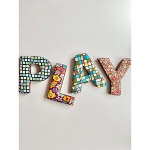 Handmade PLAY Floral Print Cotton Wood Block Letter Wall Hanging Decor
